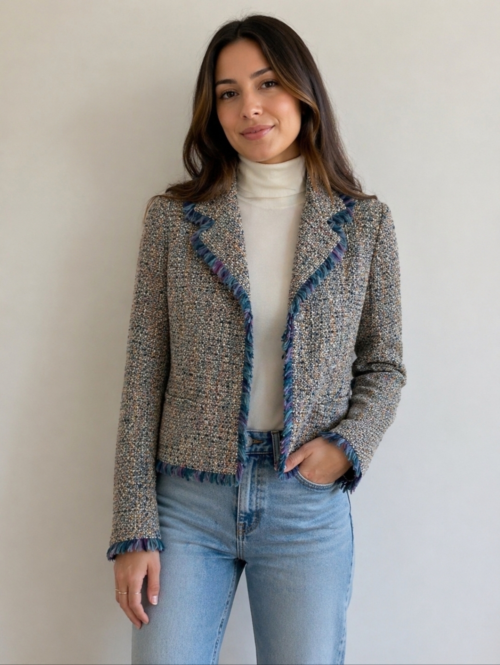 Kate Hill Wool Tweed Fringe-Trim Women’s Jacket Blue Multi-Color